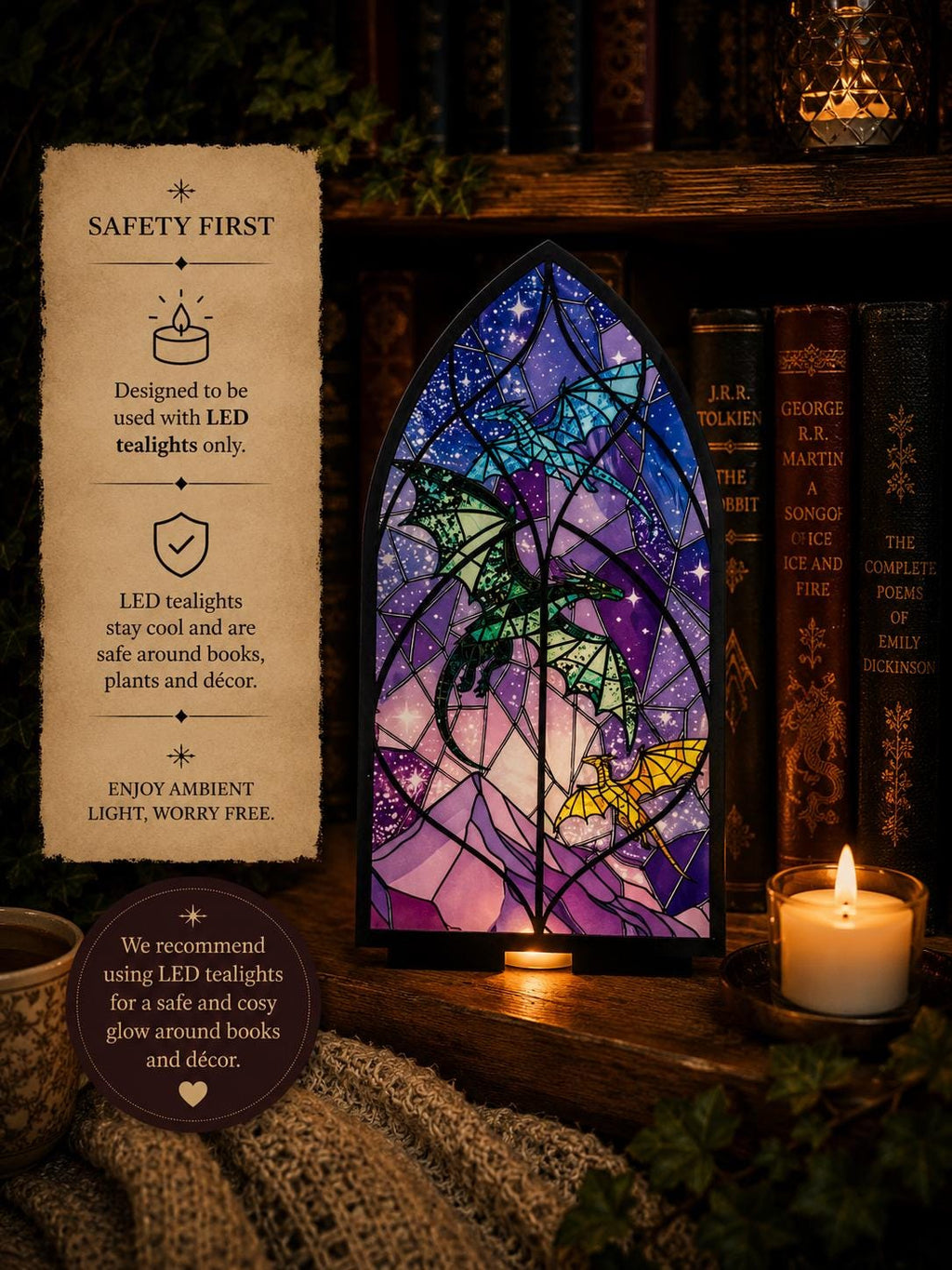 Fantasy Dragon Stained Glass Effect Book Nook | Acrylic Bookshelf Decor | Gothic Shelf Insert | Cosy Book Lover Gift | For LED Tealights
