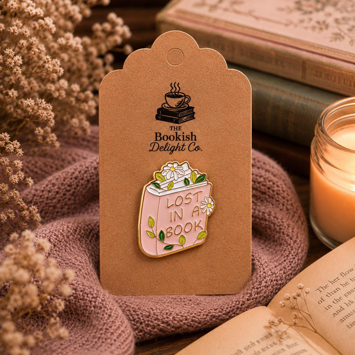 Lost in a Book Enamel Pin | Floral Book Lover Badge, Gold-Tone Metal Accessory
