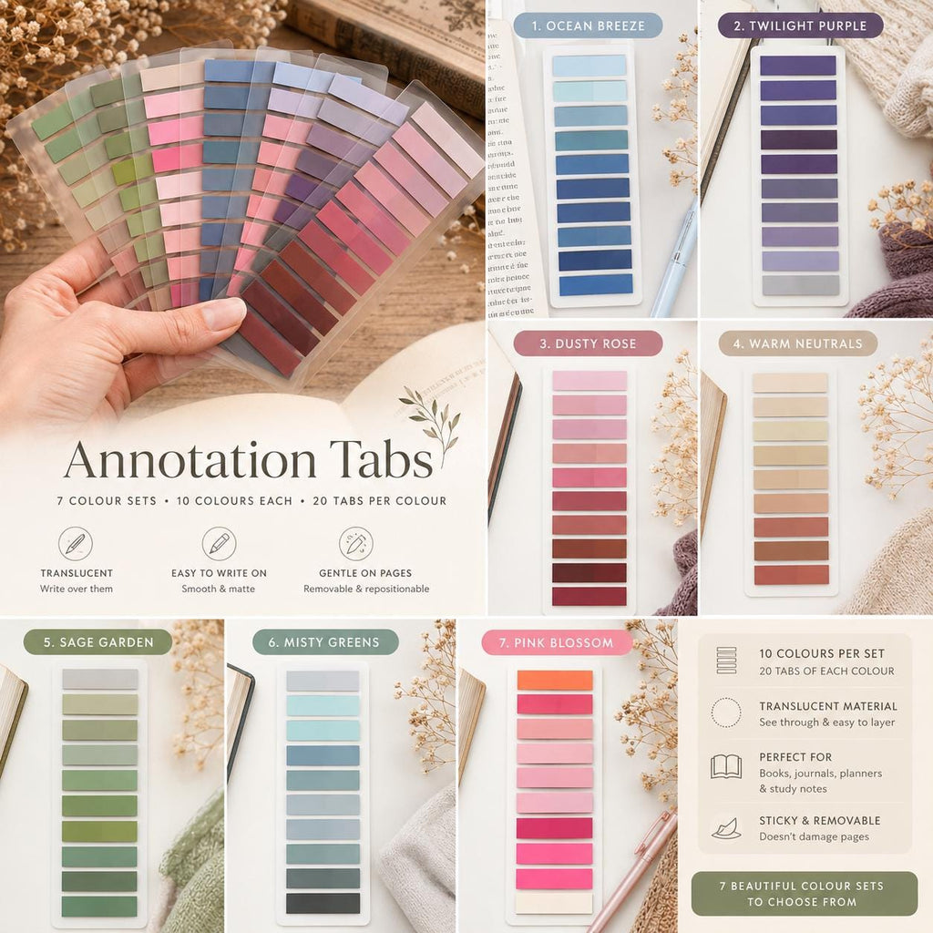 Annotation Tabs | 7 Colour Options | Translucent Book Tabs | Page Markers | Reading Annotation Kit | Sticky Tabs for Books & Planners