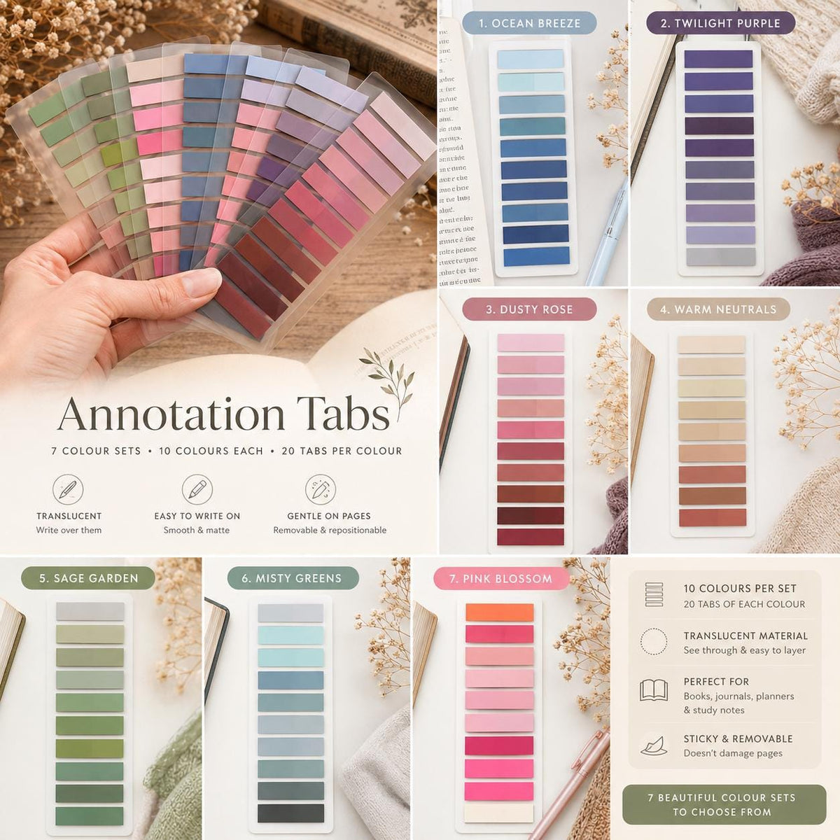 Annotation Tabs | 7 Colour Options | Translucent Book Tabs | Page Markers | Reading Annotation Kit | Sticky Tabs for Books & Planners