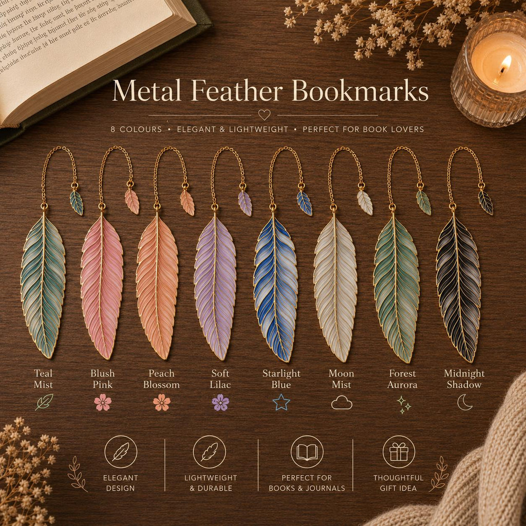 1x Feather Metal Bookmark with Gold Enamel Chain | Elegant Book Lover Accessory | Choose Colour