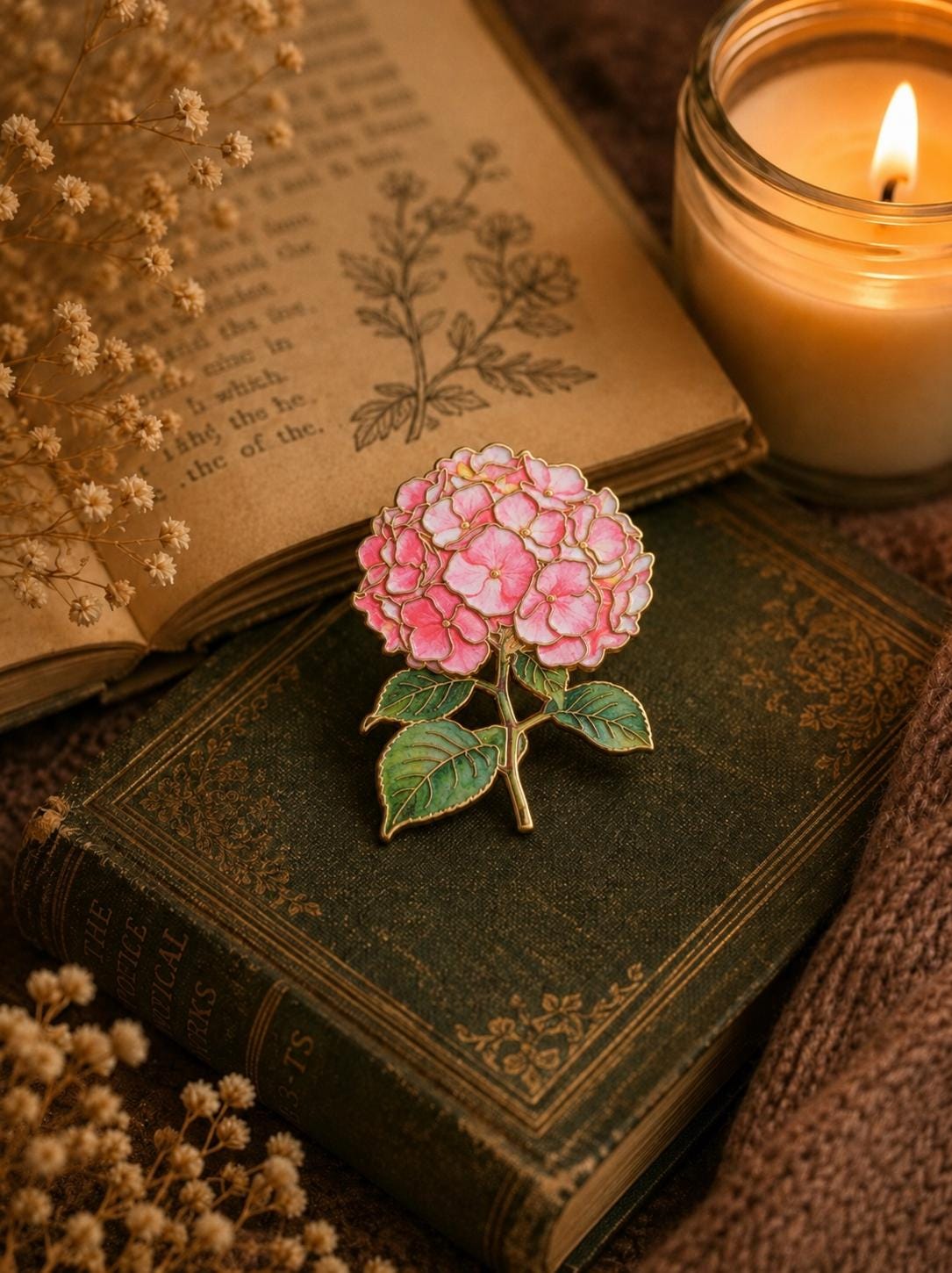 Blue or Pink Hydrangea Enamel Pin | Gold Detail Botanical Brooch, Cottagecore Accessory