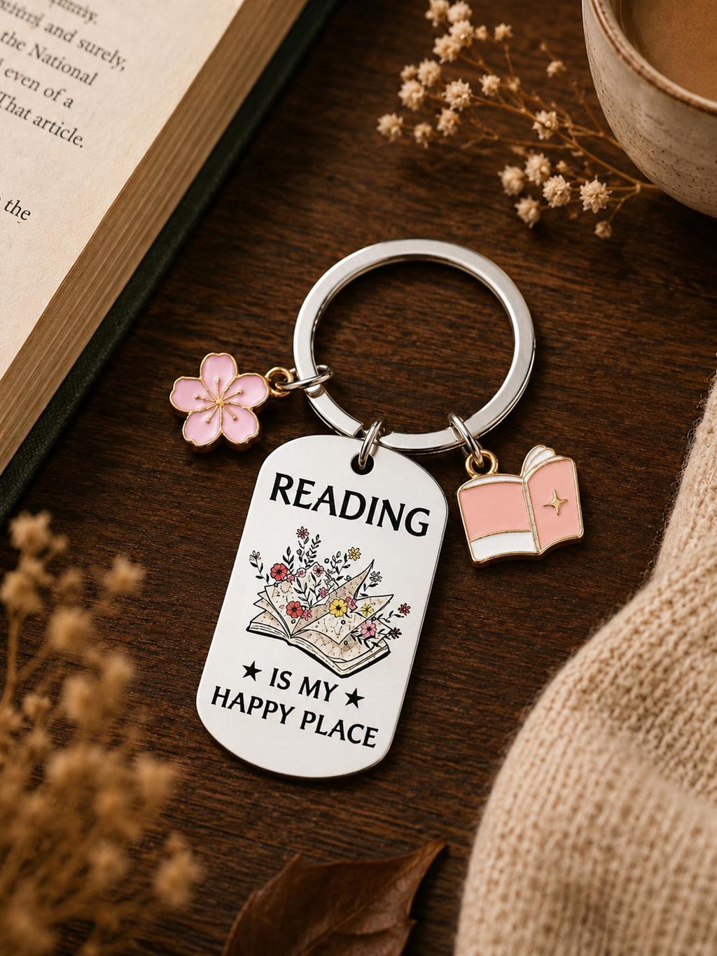 Reading Is My Happy Place Keyring | Book Lover Gift | Bookworm Keychain | Reader Gift | Literary Gift | Floral Book Keychain