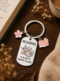 Reading Is My Happy Place Keyring | Book Lover Gift | Bookworm Keychain | Reader Gift | Literary Gift | Floral Book Keychain
