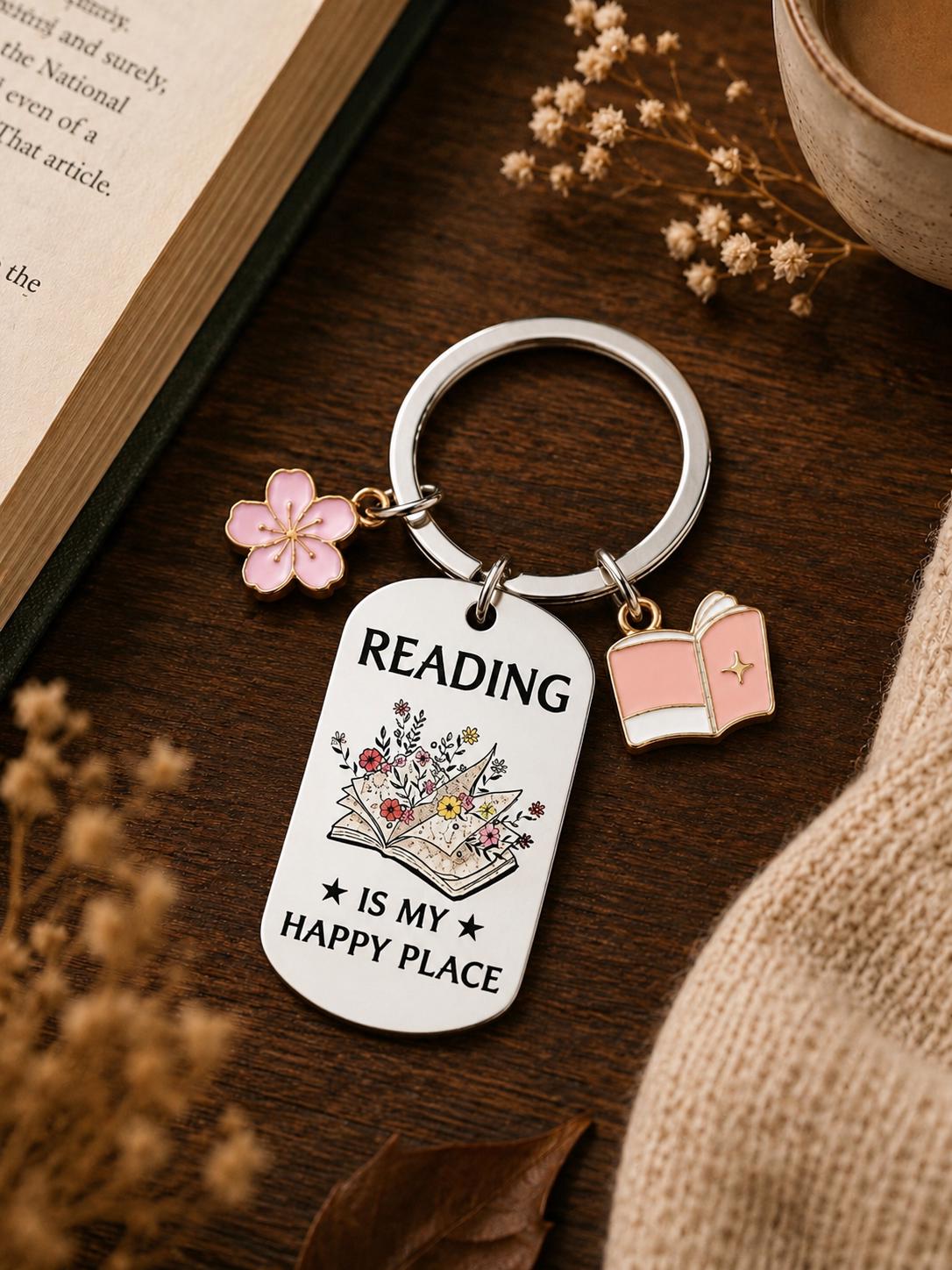 Reading Is My Happy Place Keyring | Book Lover Gift | Bookworm Keychain | Reader Gift | Literary Gift | Floral Book Keychain