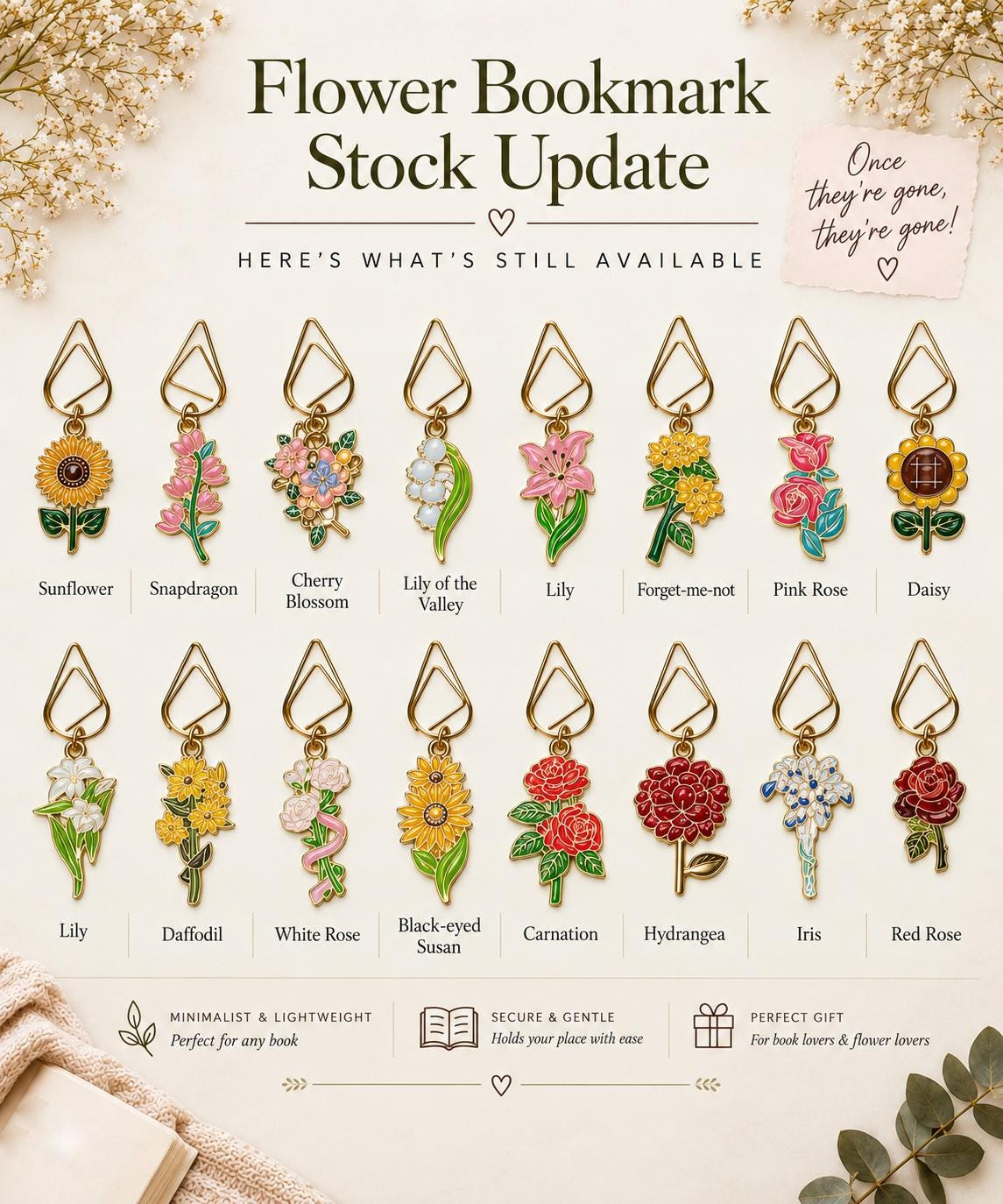 Floral Enamel Bookmark Clip  Gold-Tone Teardrop Page Marker