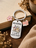 Reading Is My Happy Place Keyring | Book Lover Gift | Bookworm Keychain | Reader Gift | Literary Gift | Floral Book Keychain