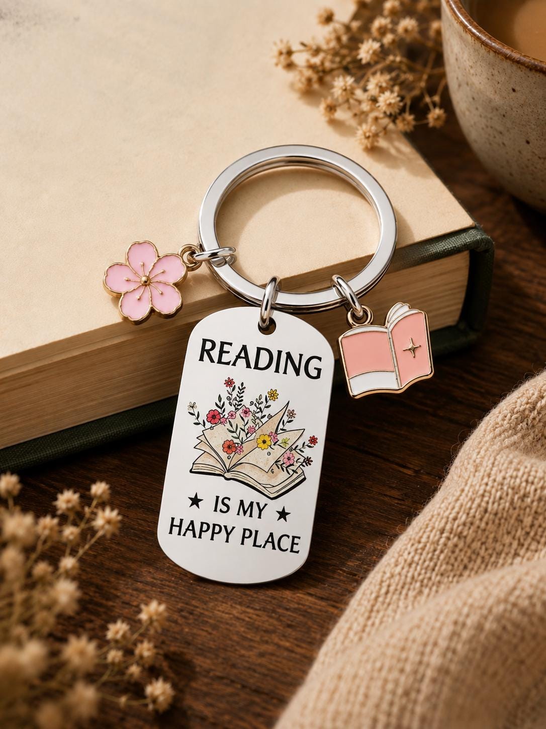 Reading Is My Happy Place Keyring | Book Lover Gift | Bookworm Keychain | Reader Gift | Literary Gift | Floral Book Keychain