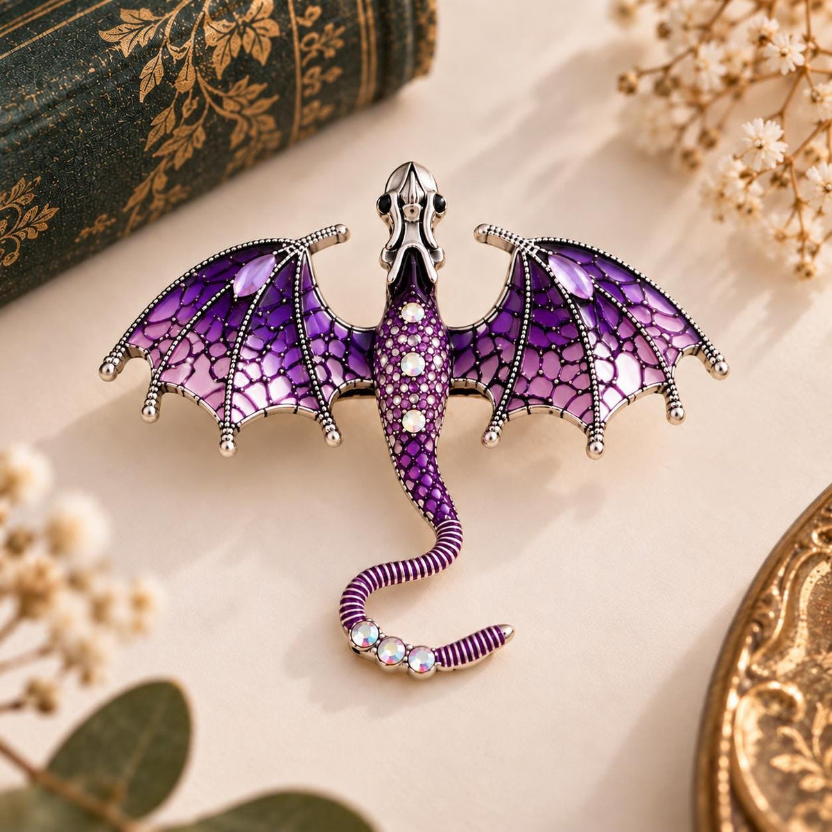 Detailed Dragon Brooch  Fantasy Creature, Crystal Accents, Metal Alloy Accessory