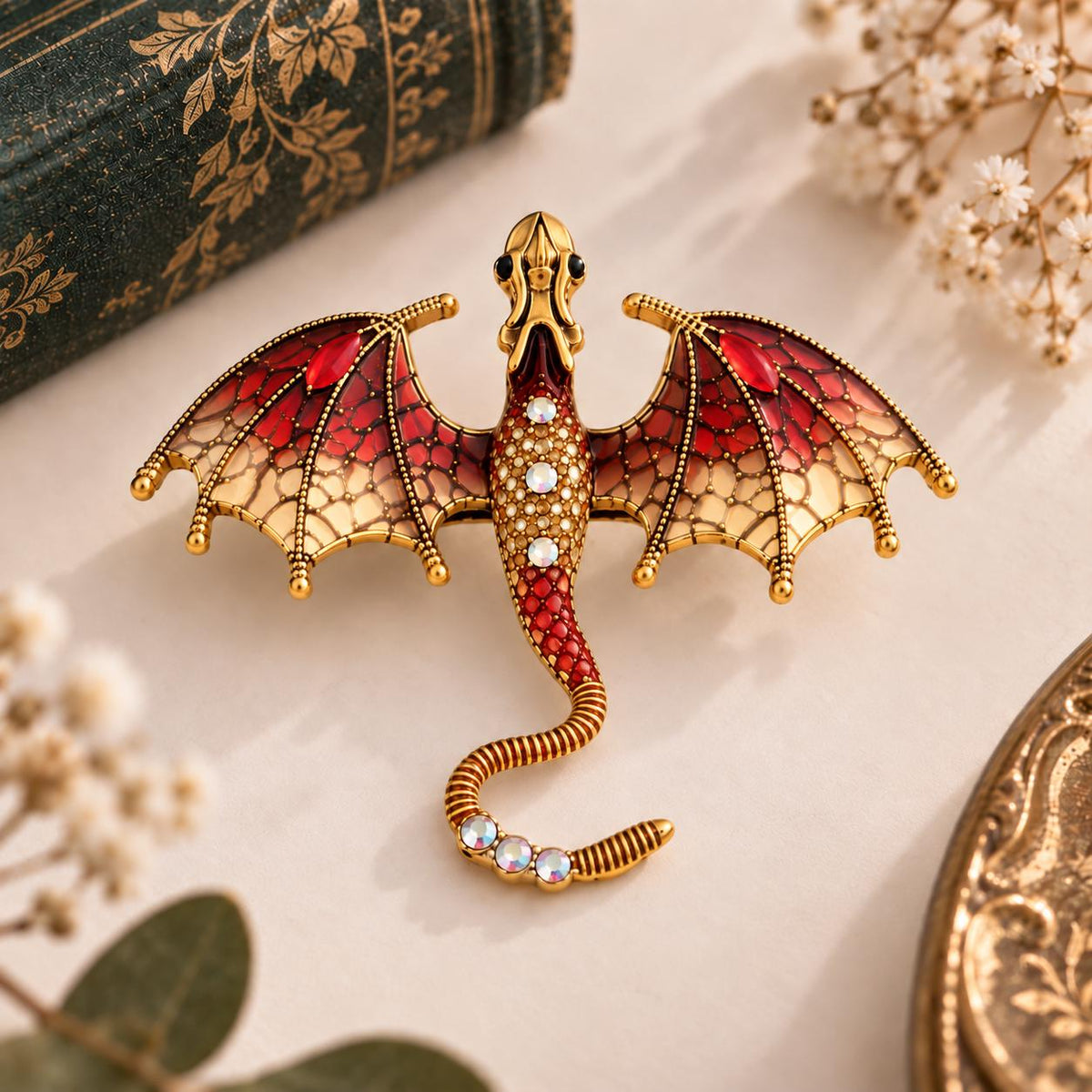 Detailed Dragon Brooch  Fantasy Creature, Crystal Accents, Metal Alloy Accessory