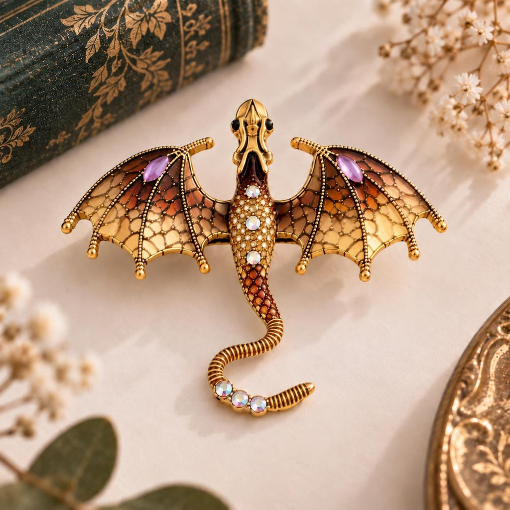 Detailed Dragon Brooch  Fantasy Creature, Crystal Accents, Metal Alloy Accessory