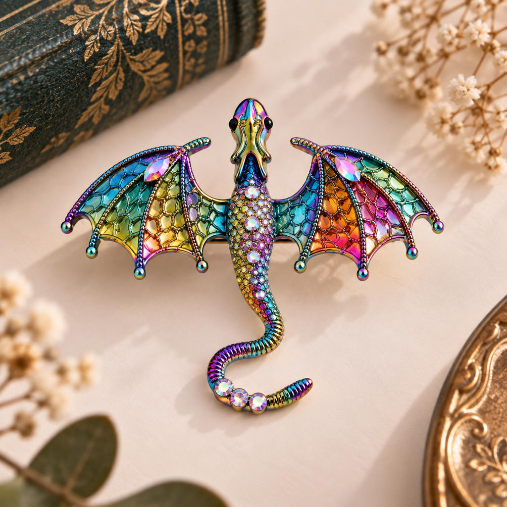 Detailed Dragon Brooch  Fantasy Creature, Crystal Accents, Metal Alloy Accessory
