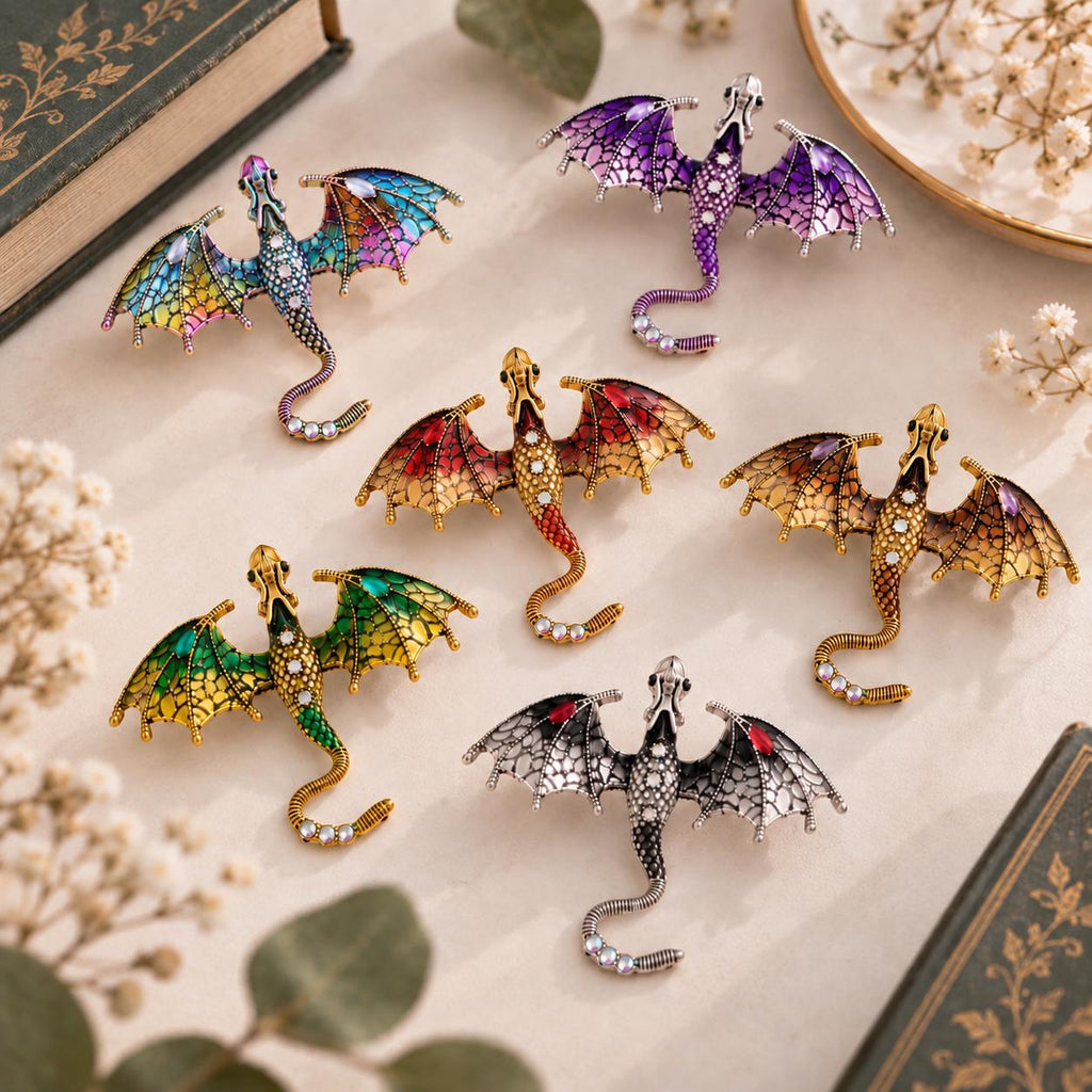 Detailed Dragon Brooch  Fantasy Creature, Crystal Accents, Metal Alloy Accessory