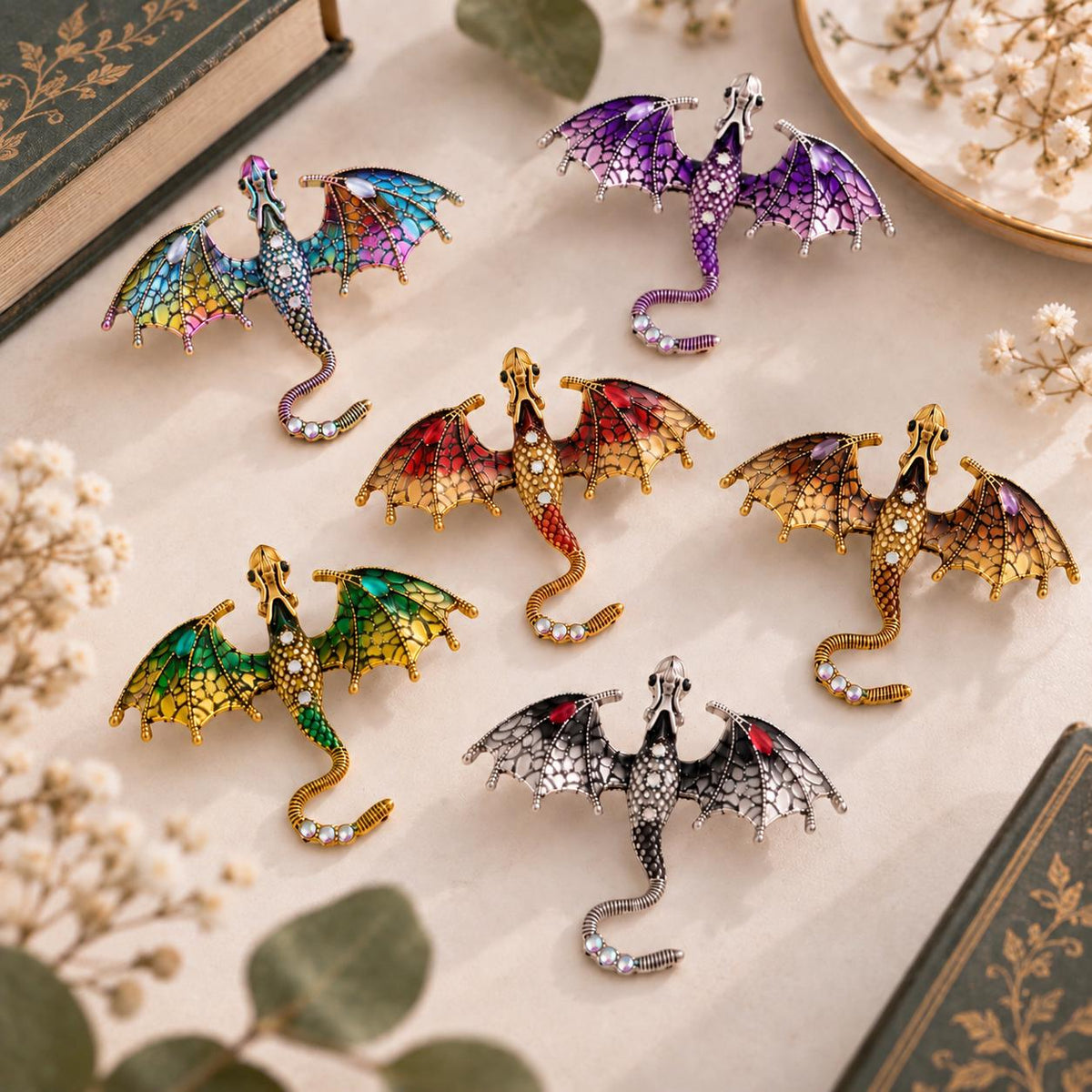 Detailed Dragon Brooch  Fantasy Creature, Crystal Accents, Metal Alloy Accessory